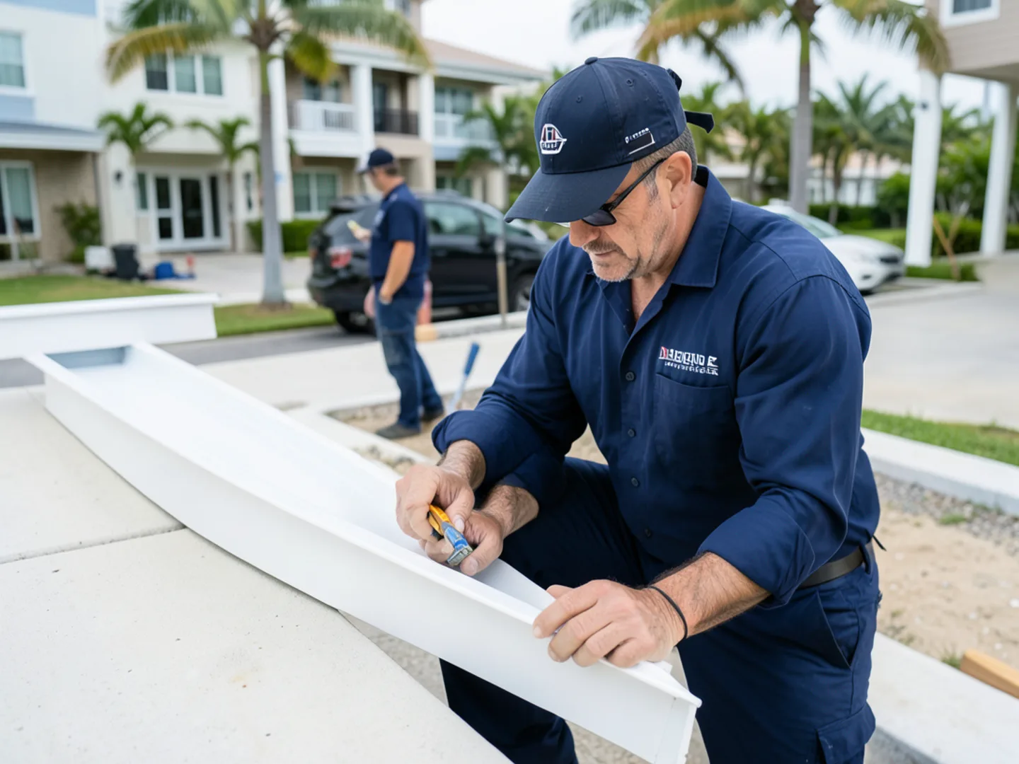 Installer measuring a freshly extruded seamless gutter segment on site