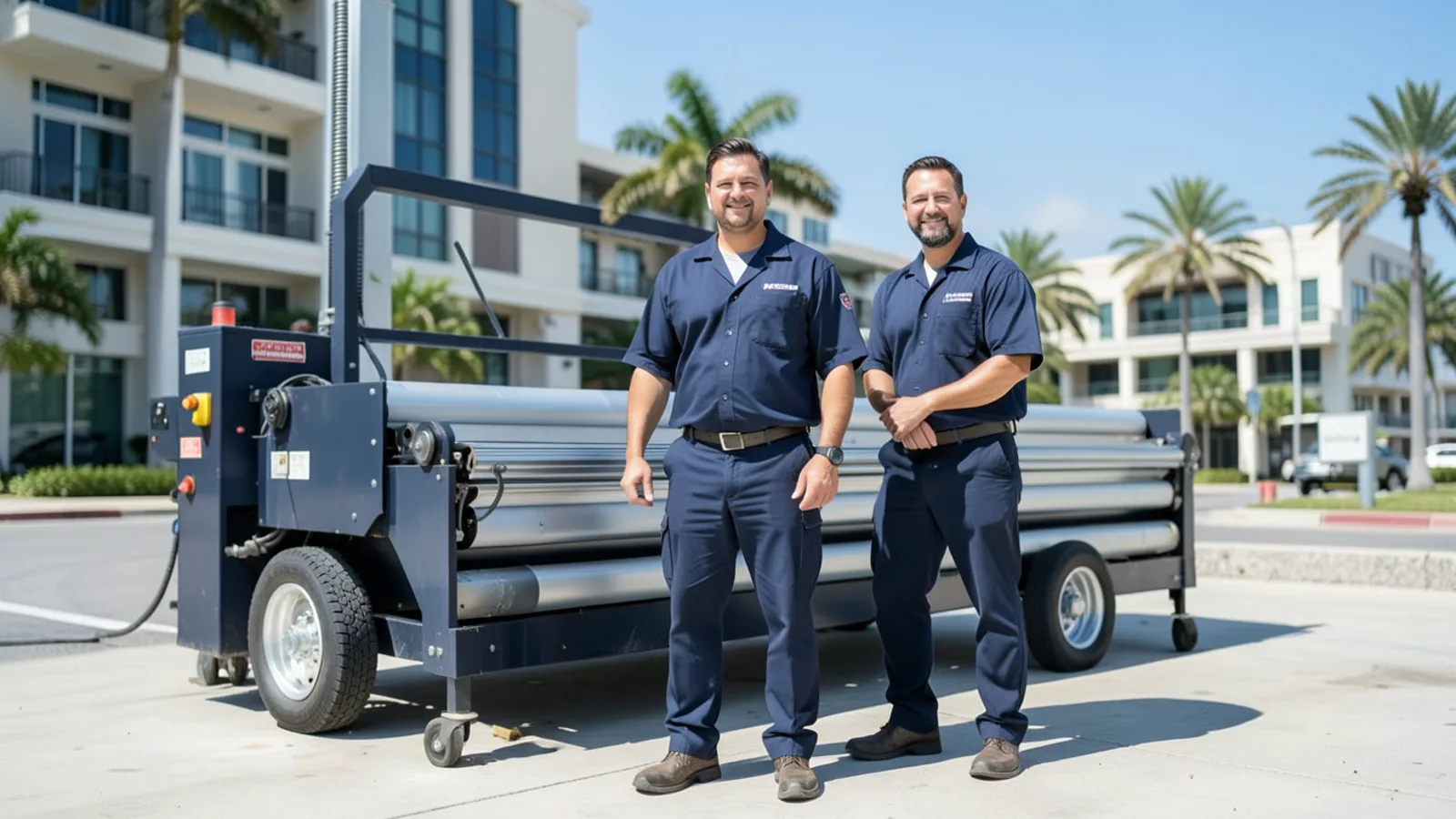 Southern Gutters FL fabrication crew with on-site roll-forming machine in Miami-Dade