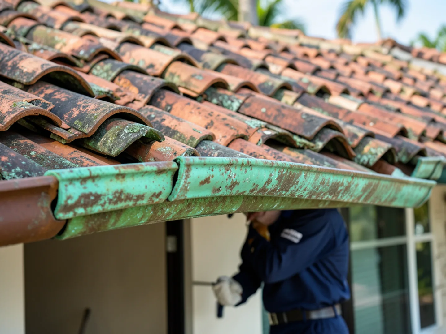 Weathered copper gutter developing rich verdigris green patina beneath clay tile roof