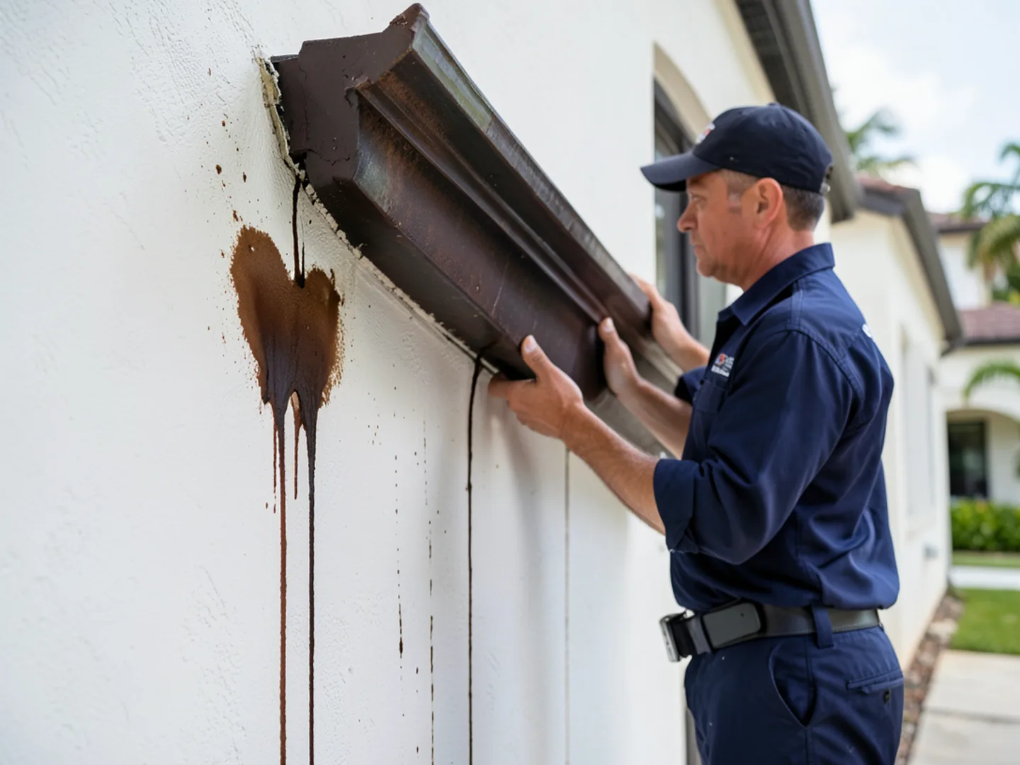 Dark brown tannin stains dripping down white stucco wall from an overflowing gutter