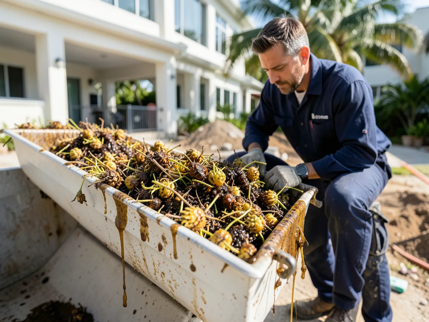 Gutter trough packed with sticky mango tree blossom sprays and heavy sap residue