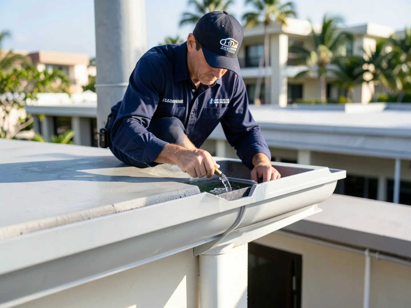 Commercial leader box and downspout collecting water from a flat roof parapet scupper