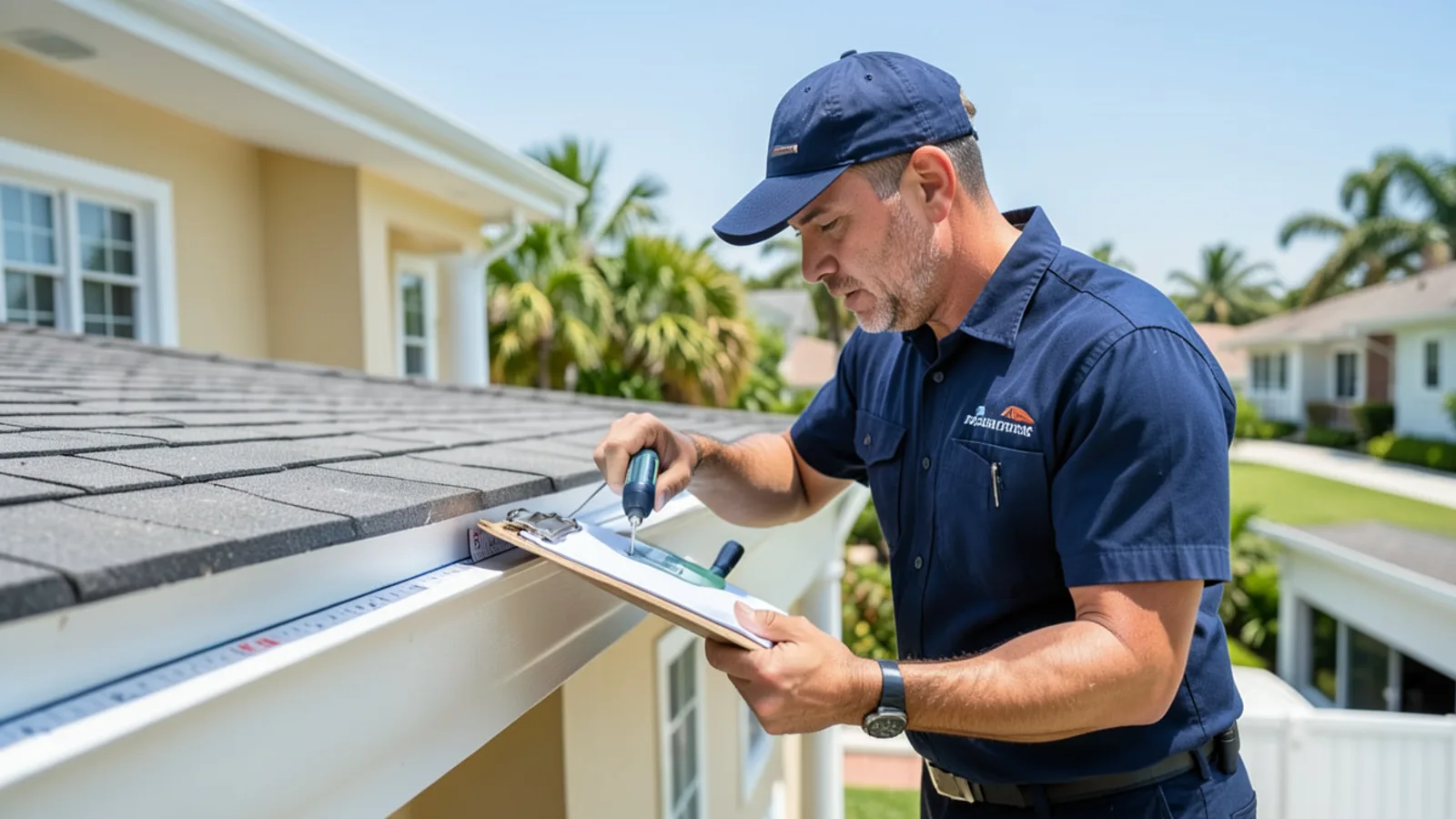 Estimator reviewing roofline blueprints and measuring linear eave footage on a Miami home