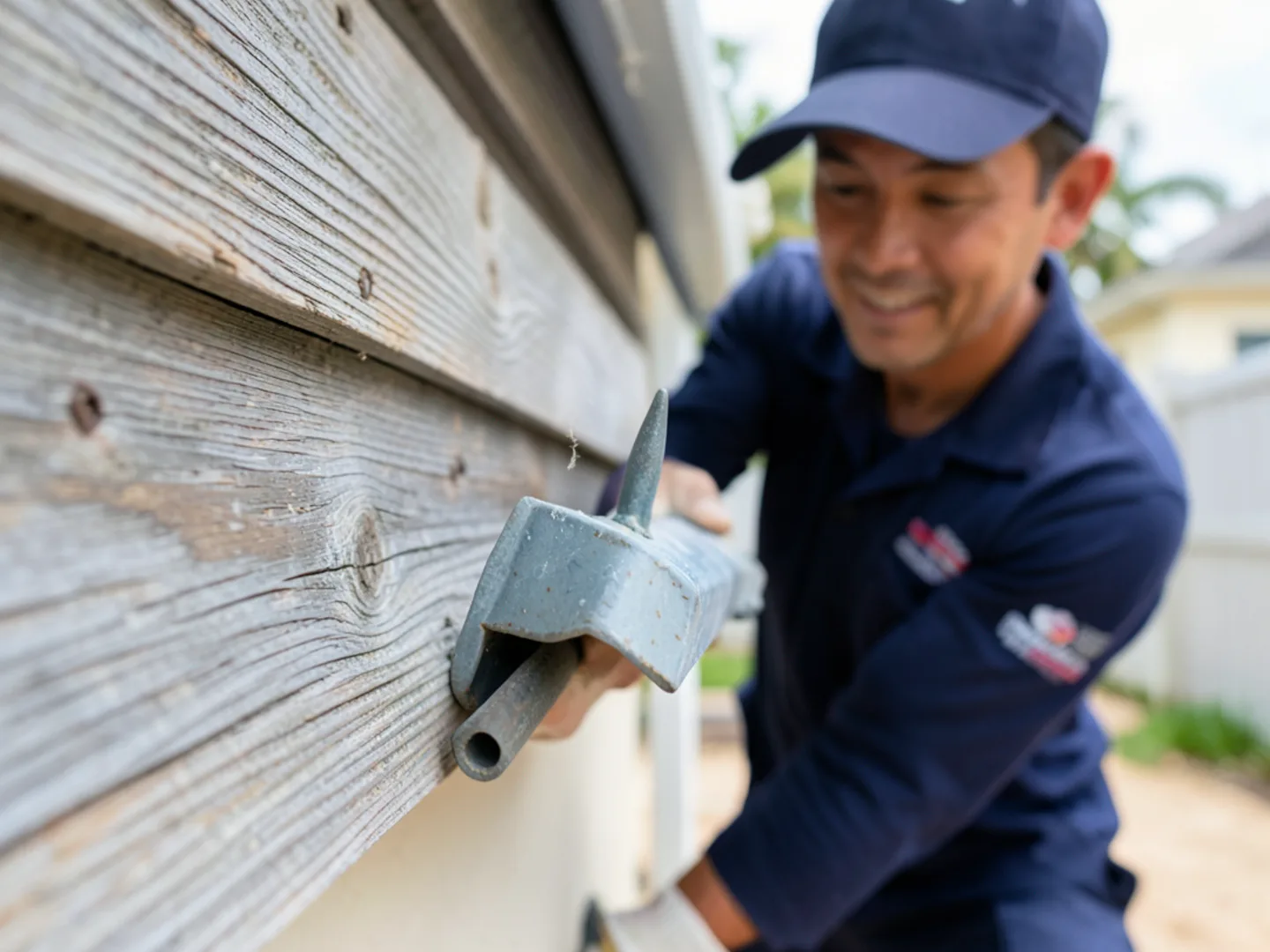 Close-up of a loose gutter spike pulling 2 inches away from weathered wood fascia