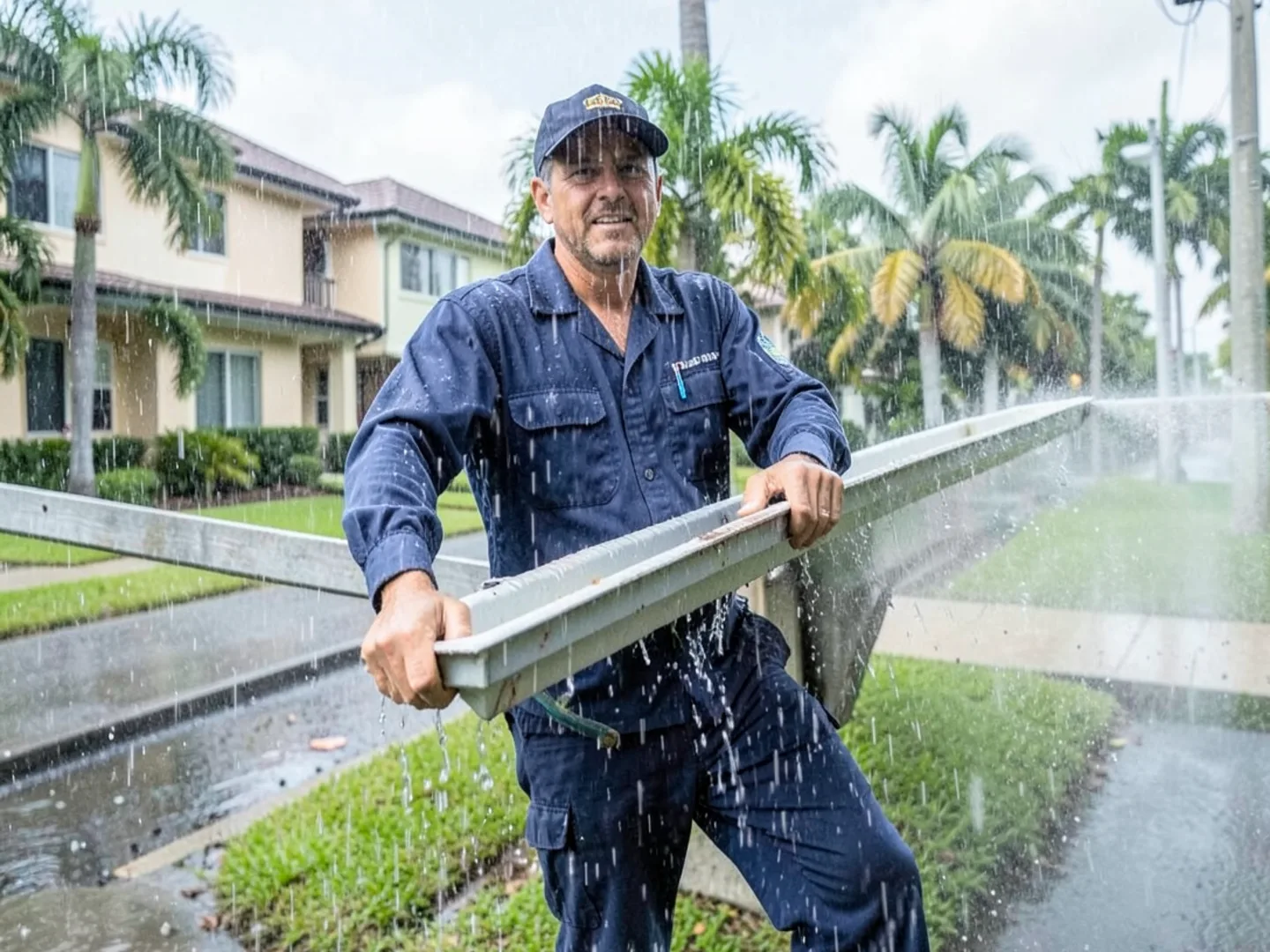 Heavy tropical downpour washing over a residential neighborhood in Homestead, FL