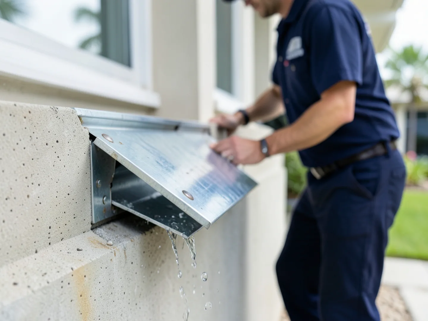 Hinged aluminum flip-up downspout extension resting on a concrete splash block