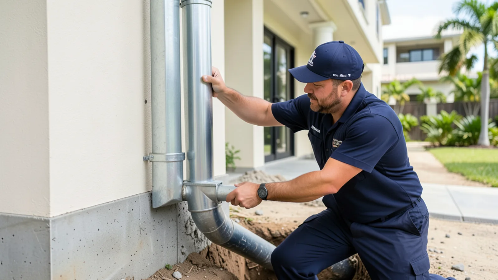 Technician installing high-flow downspout extension directing roof runoff away from foundation