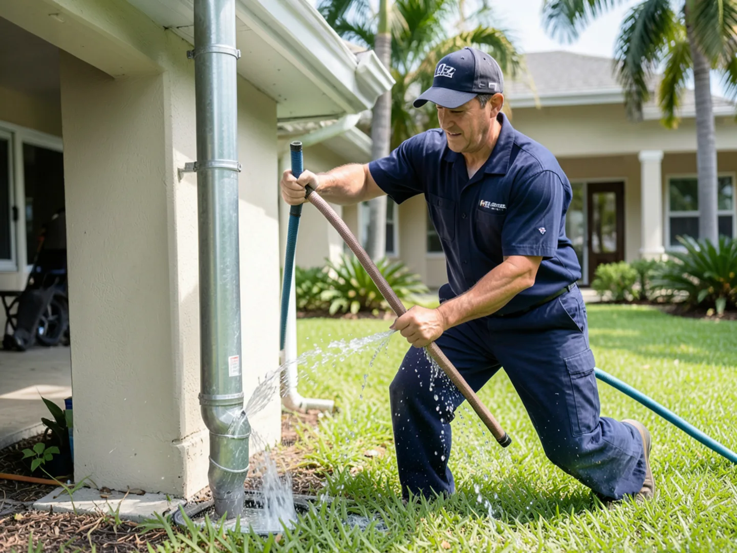 Water hose flushing clean water through a vertical downspout drop to test discharge