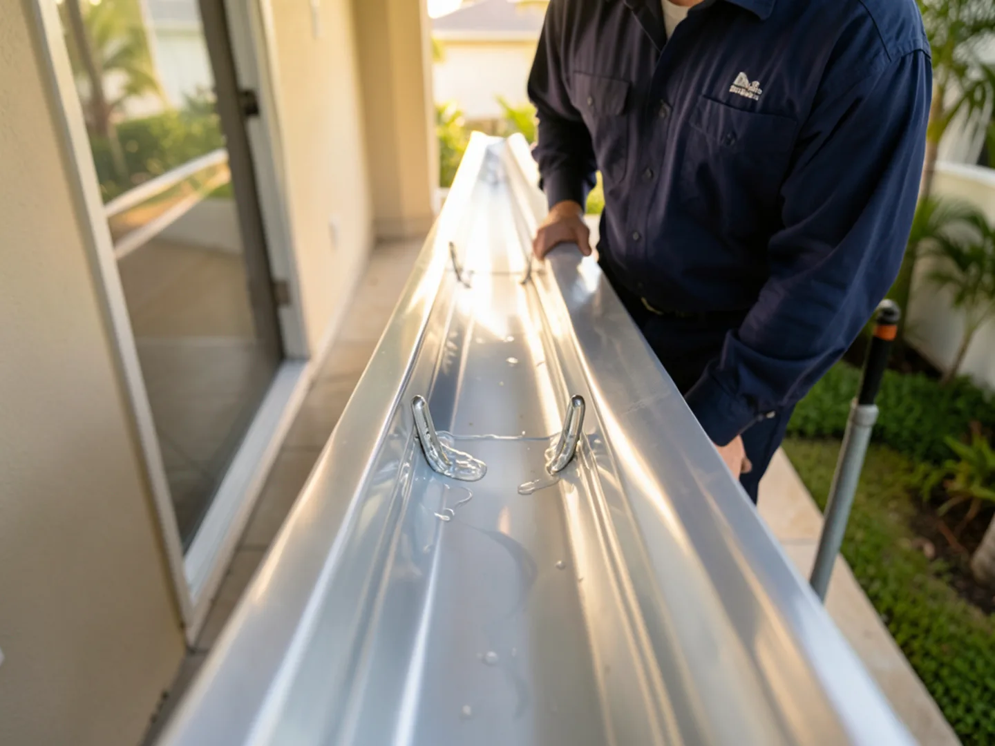 Spotlessly clean seamless aluminum gutter channel with clear water flowing freely
