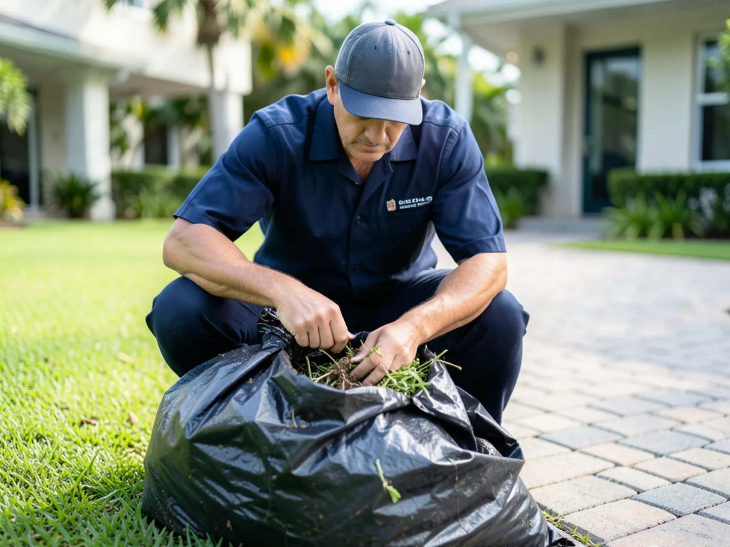 Technician bagging organic roof debris from buckets to keep garden beds spotless