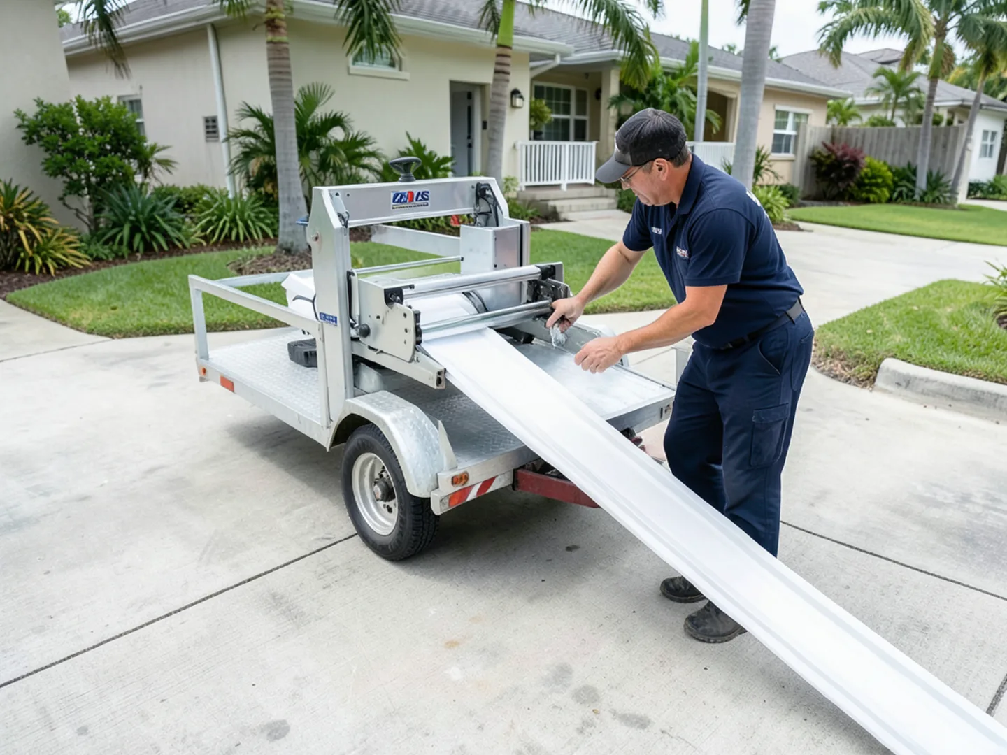 Roll-forming machine extruding continuous white aluminum gutter coil on a driveway