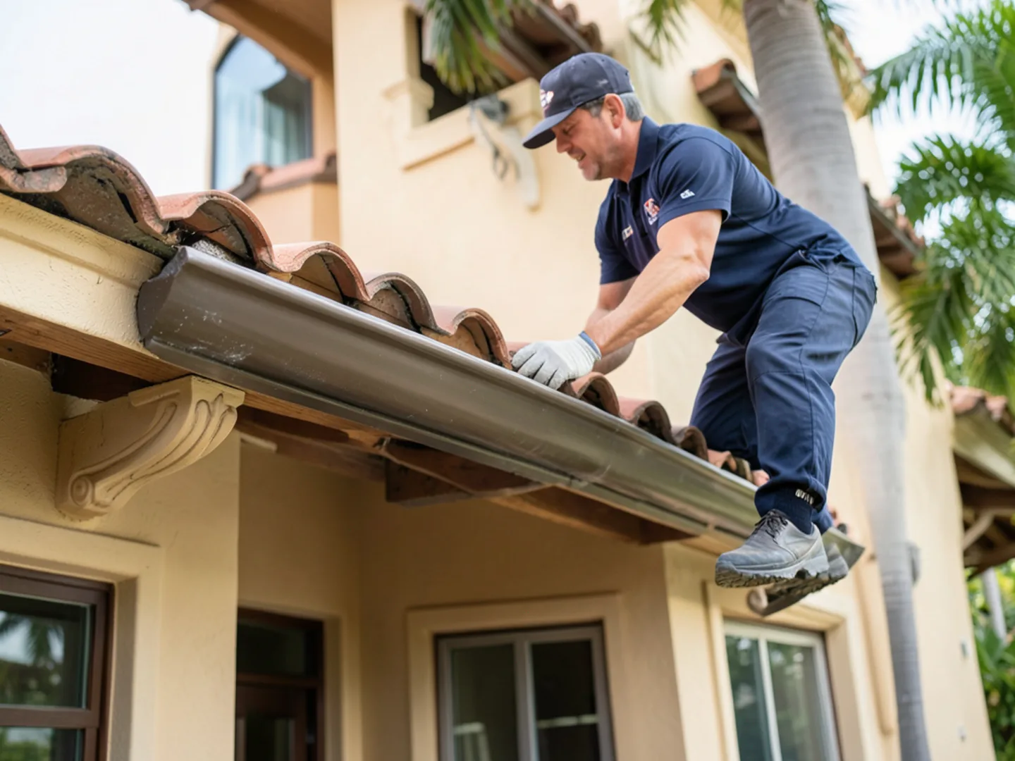 Half-round gutter profile mounted beneath a Mediterranean barrel-tile roof eave