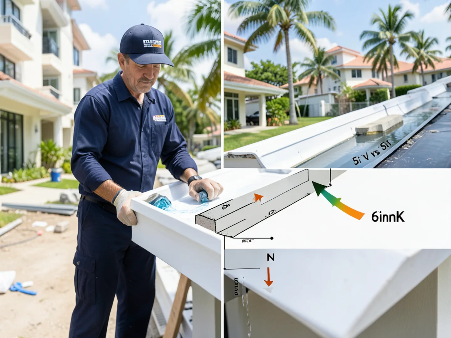 Infographic illustrating 44 percent increased drainage volume of 6-inch over 5-inch gutters