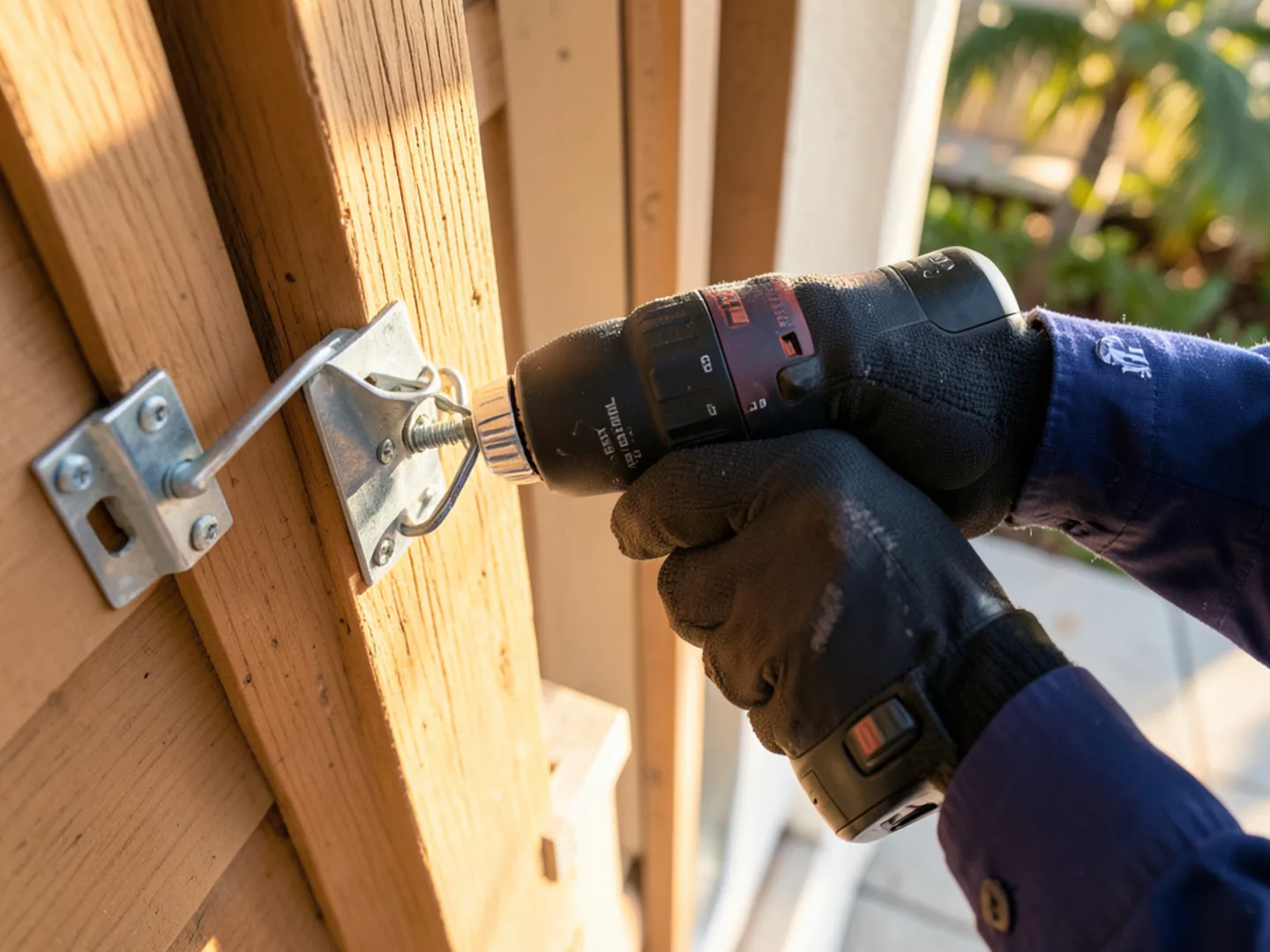 Cordless drill securing a hidden internal hanger with ceramic screw into wood fascia