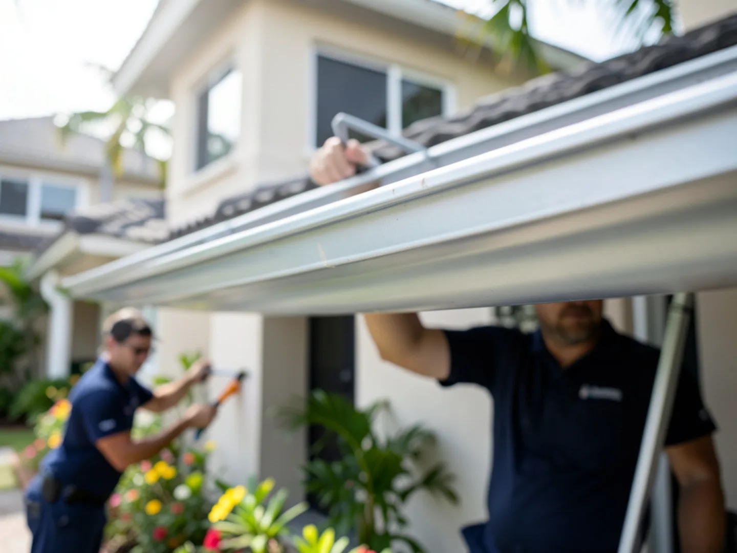 Pristine finished seamless gutter system protecting eave and landscaping on a CBS home
