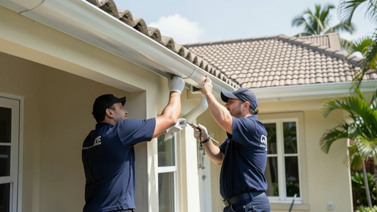 Two installers mounting a 6-inch seamless aluminum gutter along a Miami tile roof fascia