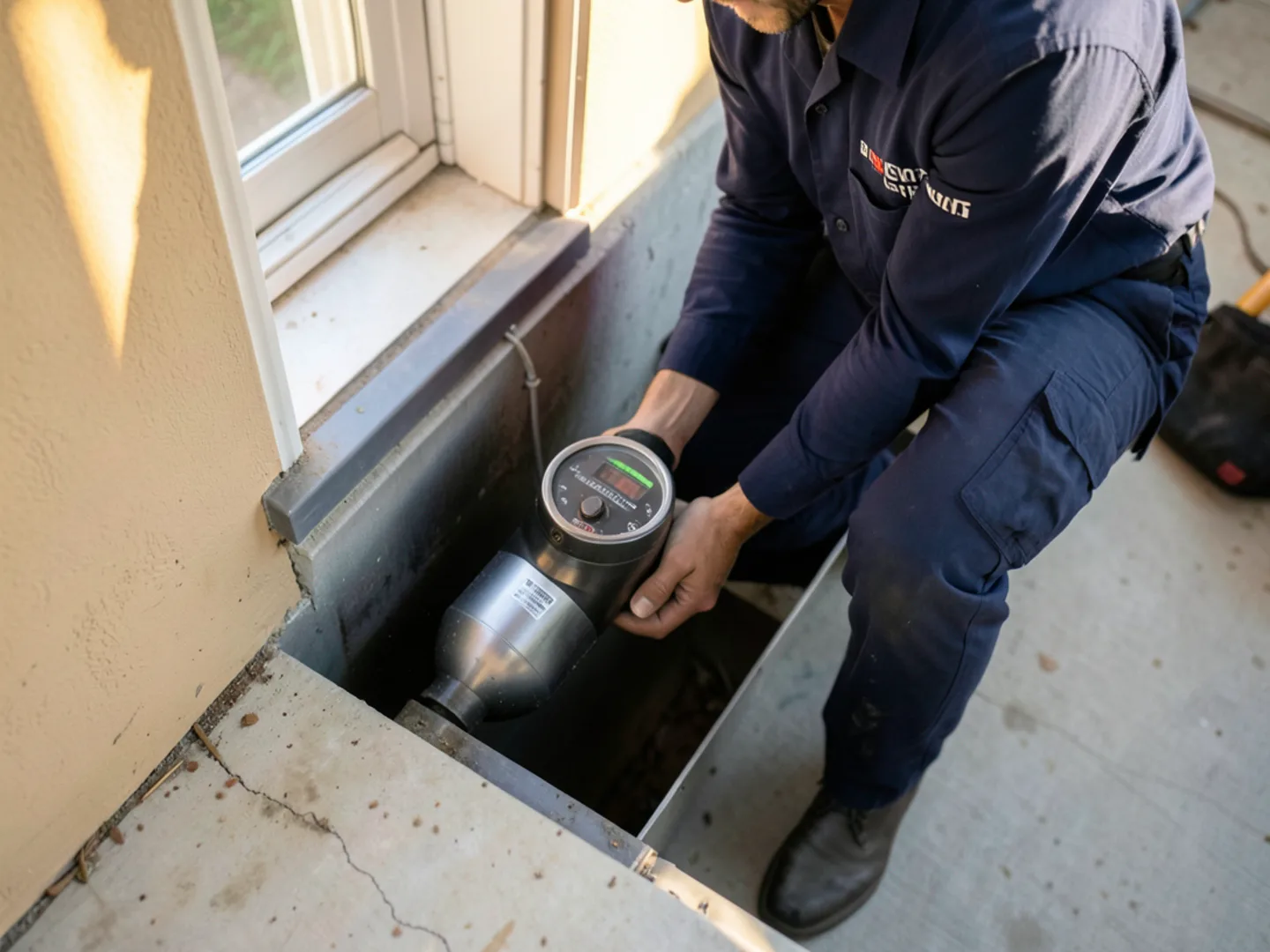 Torpedo level held on a gutter run to verify 1/4-inch fall toward downspout