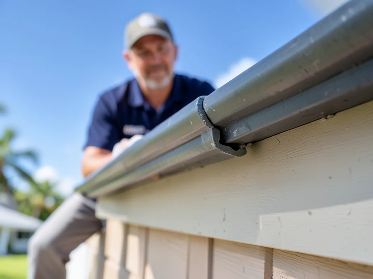 Close-up of tightly mounted gutter seam fitting flush against painted wood fascia