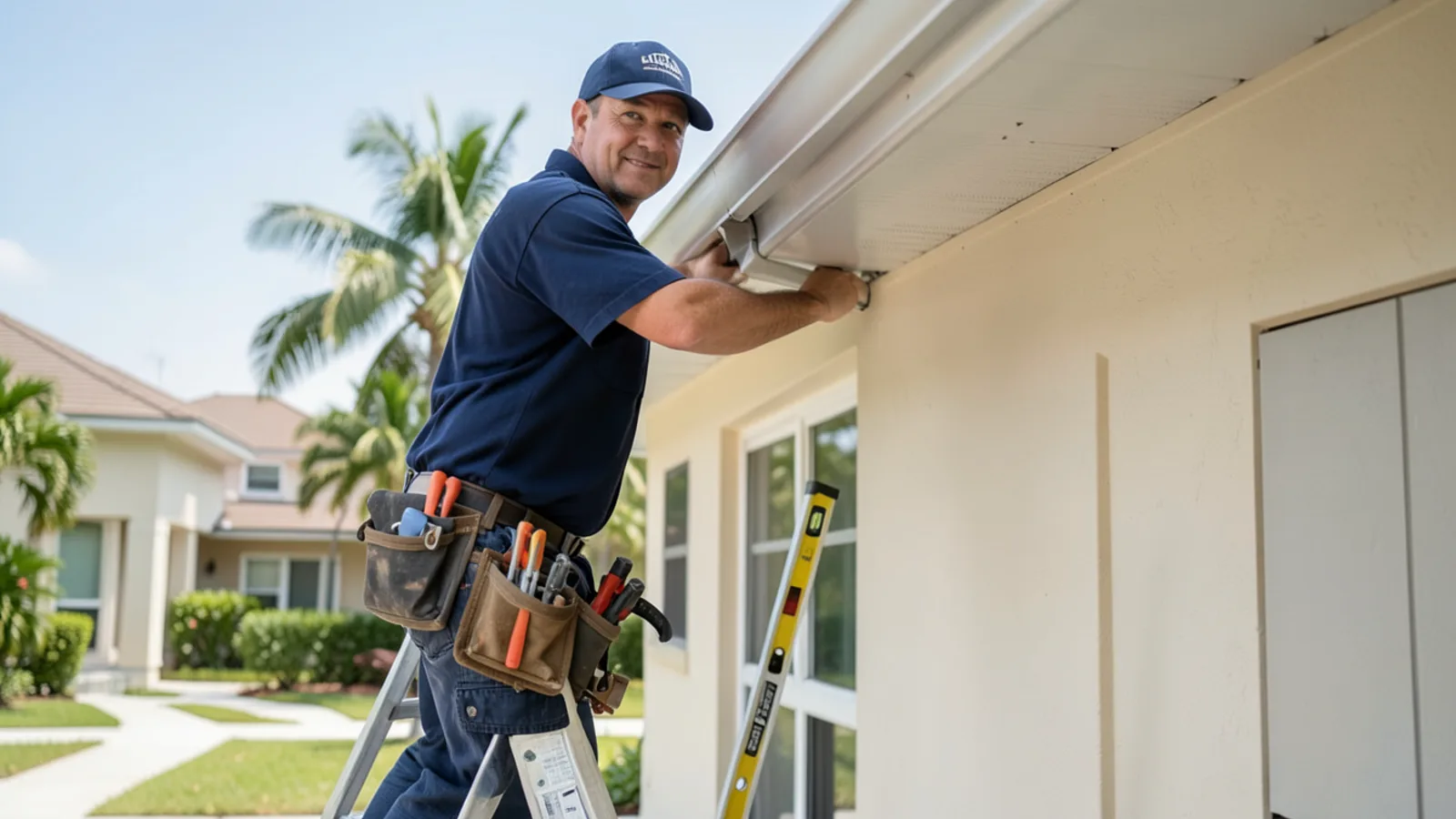Repair technician realigning a sagging gutter section and securing it to the fascia