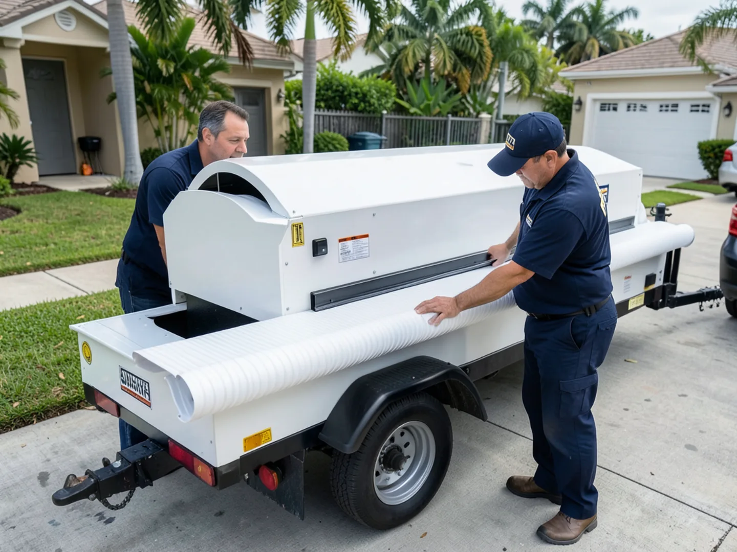 Mobile roll-forming machine extruding a continuous seamless aluminum gutter run on a driveway