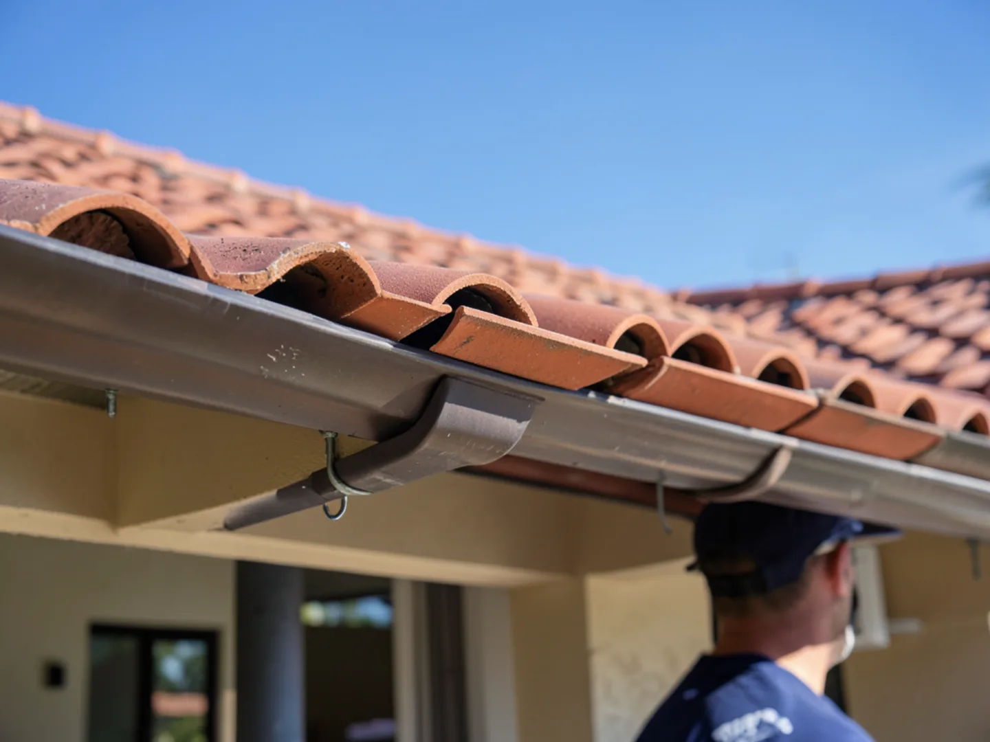 6-inch seamless gutter profile fitted beneath Spanish barrel tile eaves