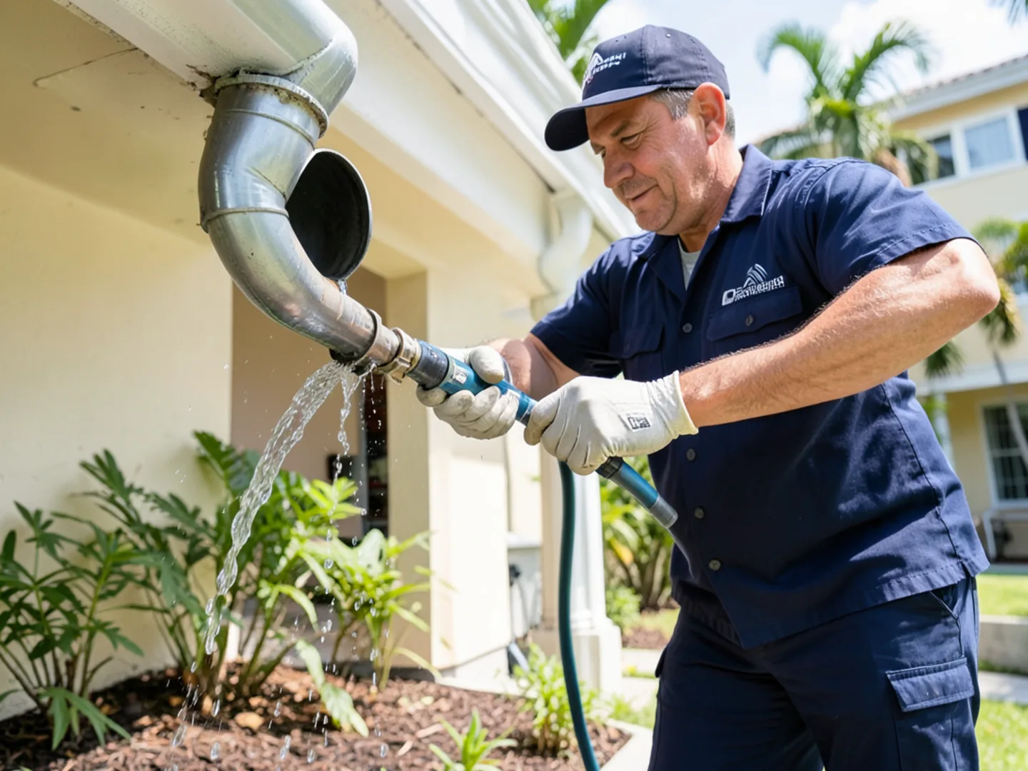 High-pressure water flush clearing sludge and debris from a residential downspout