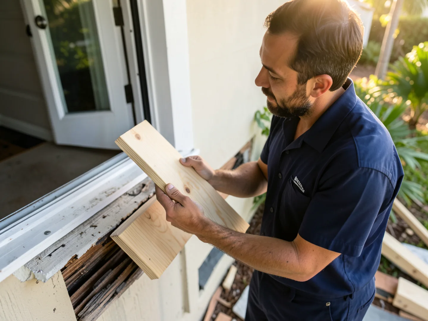 Carpenter replacing a damaged wood fascia board before gutter re-attachment