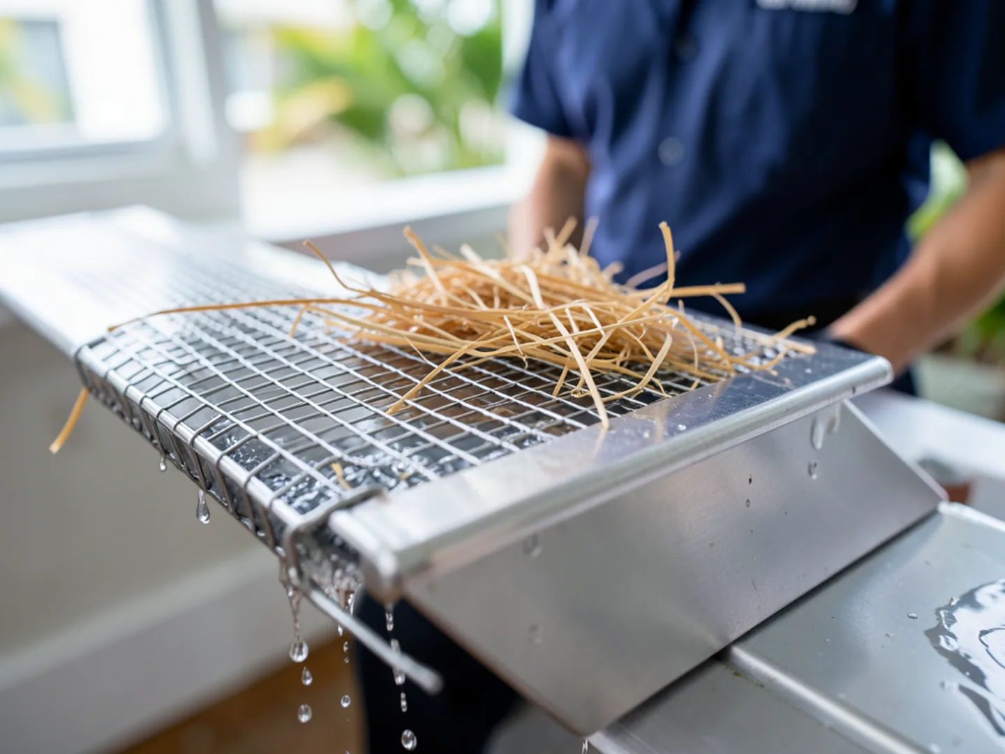 Stainless steel micro-mesh guard panel shielding an aluminum gutter from tropical debris