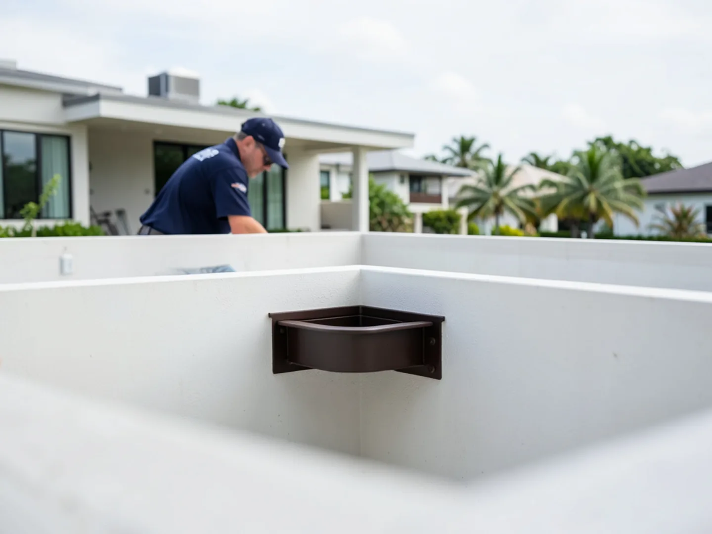 Custom aluminum scupper leader collector box mounted on a flat-roof parapet wall