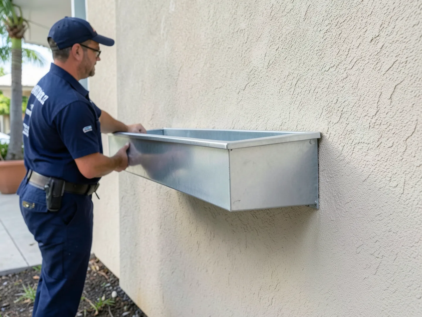 Oversized 3x4-inch downspout drop directing stormwater onto a paved surface diverter
