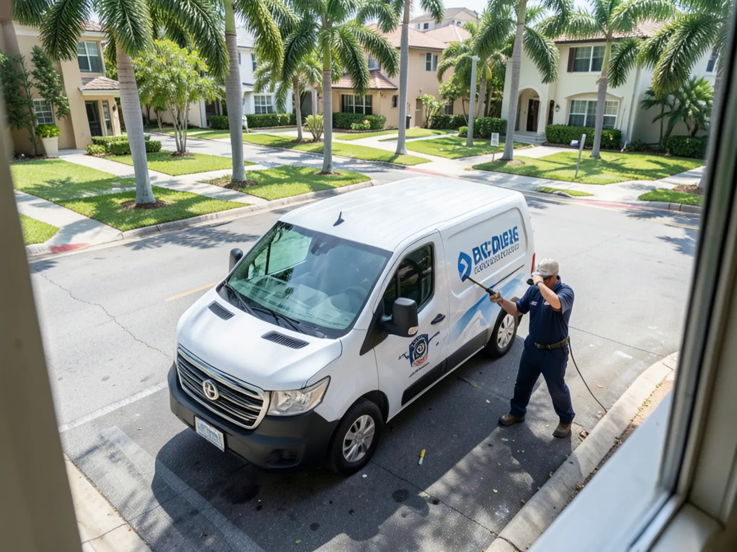 Gutter installation work van parked on a residential street in Miami-Dade County