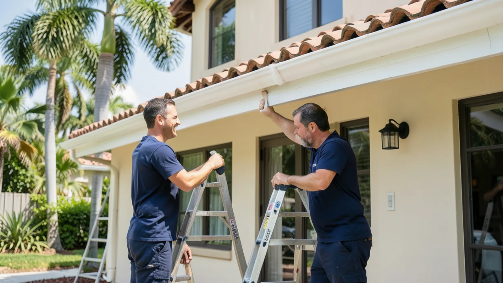 Technician fitting seamless aluminum gutters on a single-family tile roof home in Miami