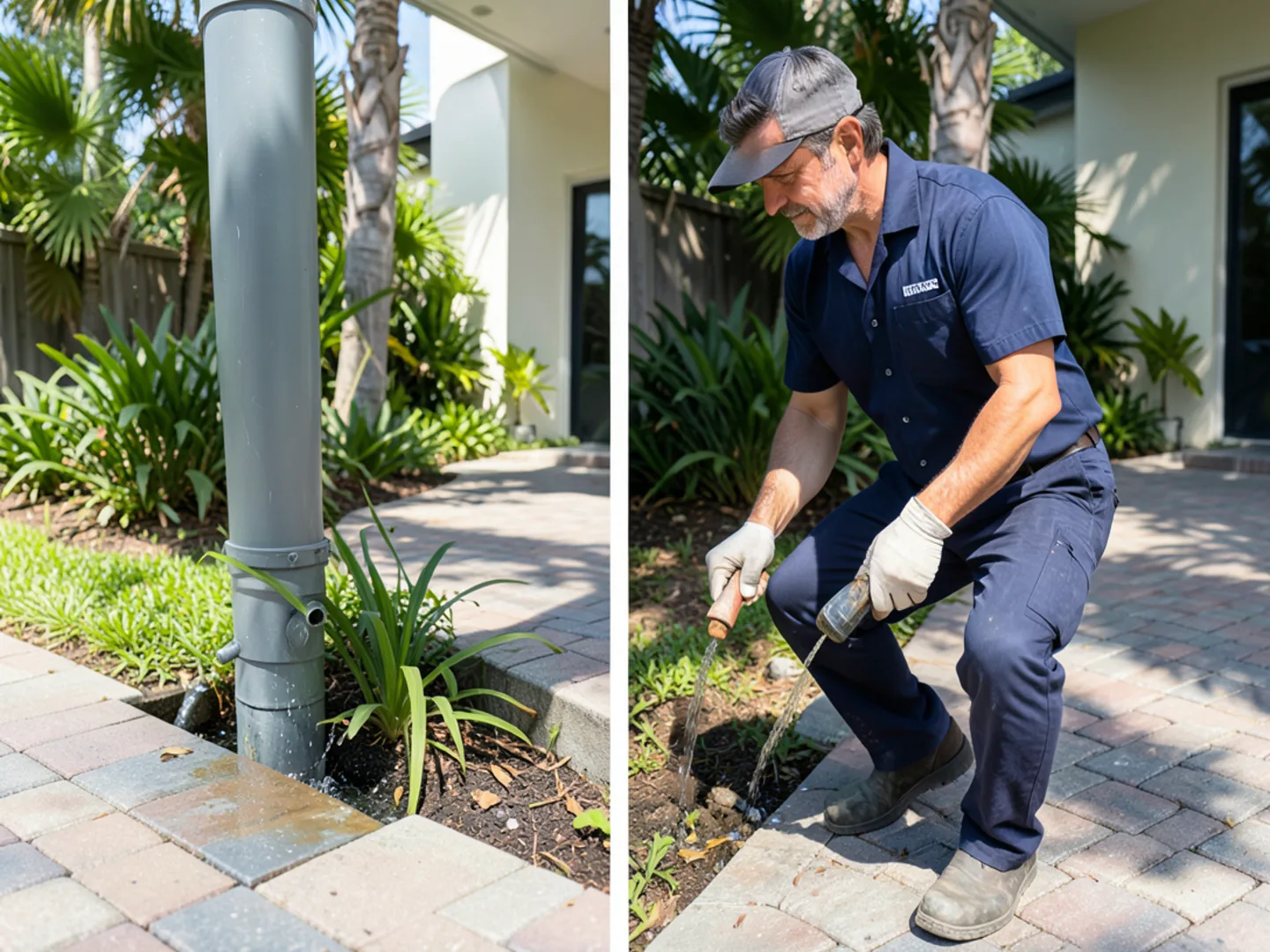 Downspout diverting rainwater away from paver patio toward landscape drain