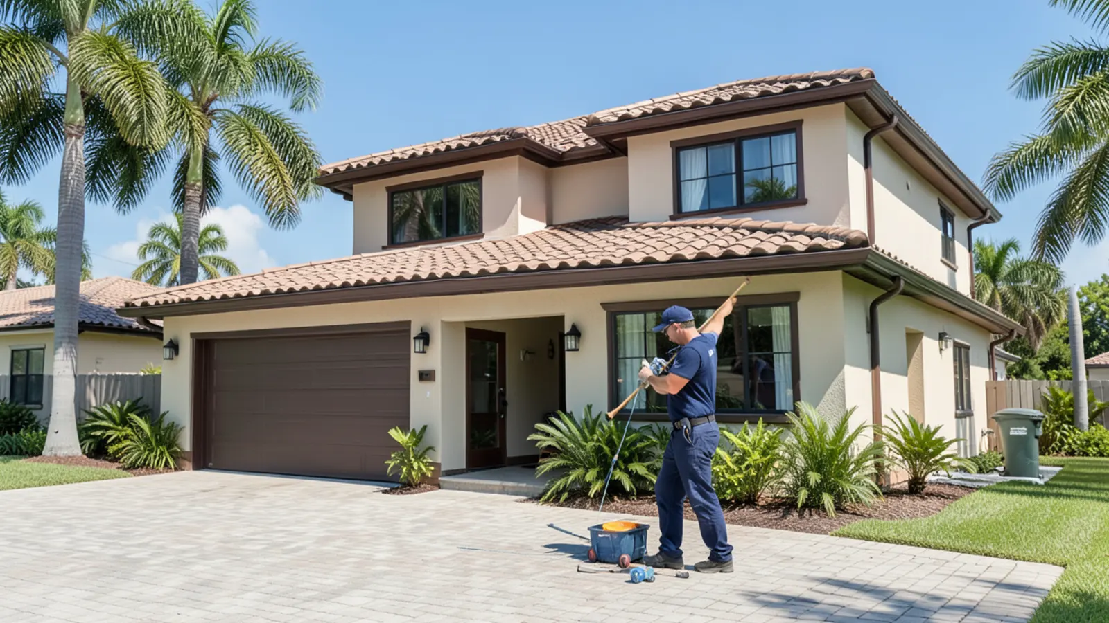 Seamless gutter installation on a Mediterranean tile home in Doral Isles, FL