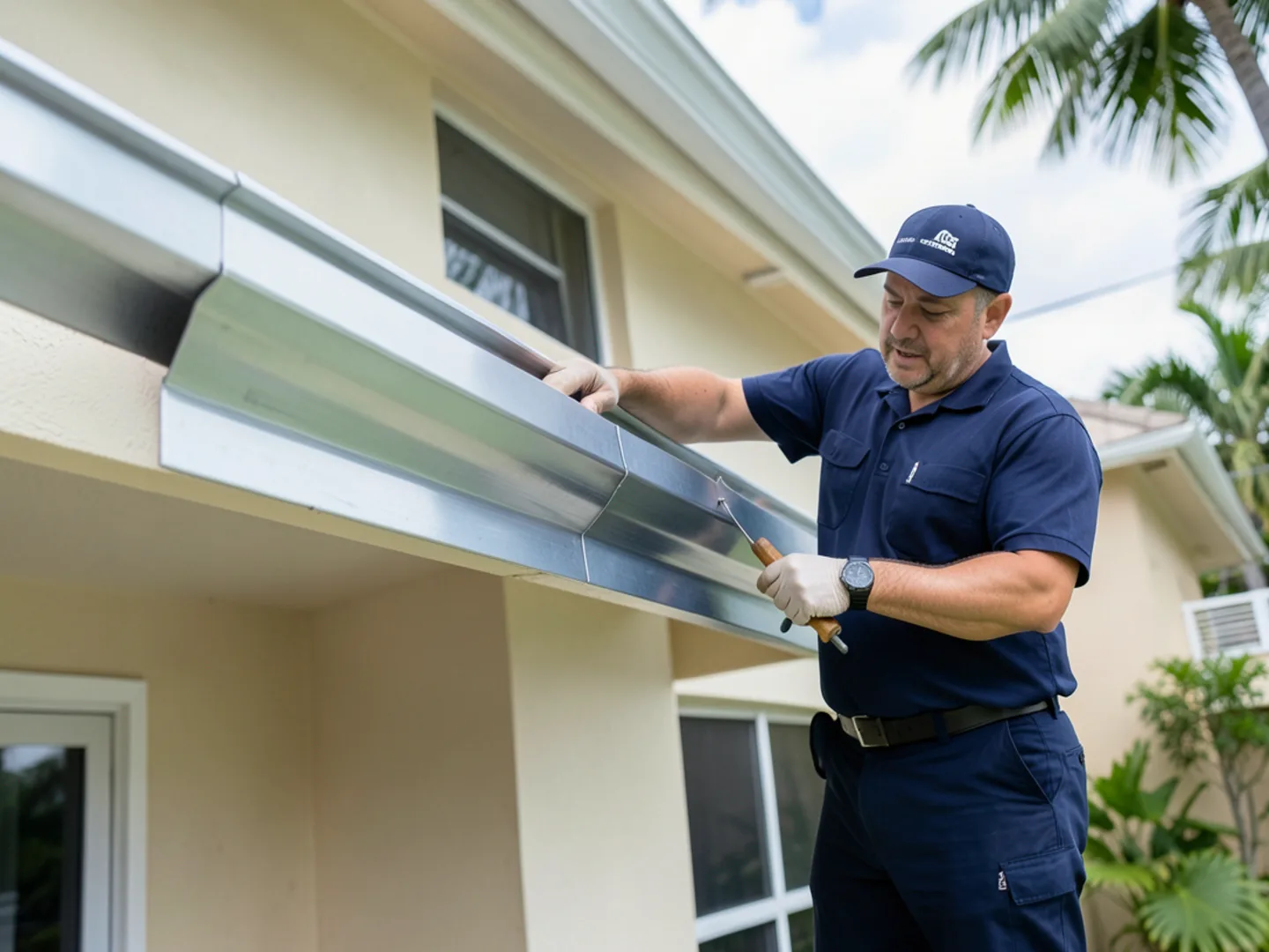 Seamless aluminum gutter channel mounted on a low-slope rear patio enclosure