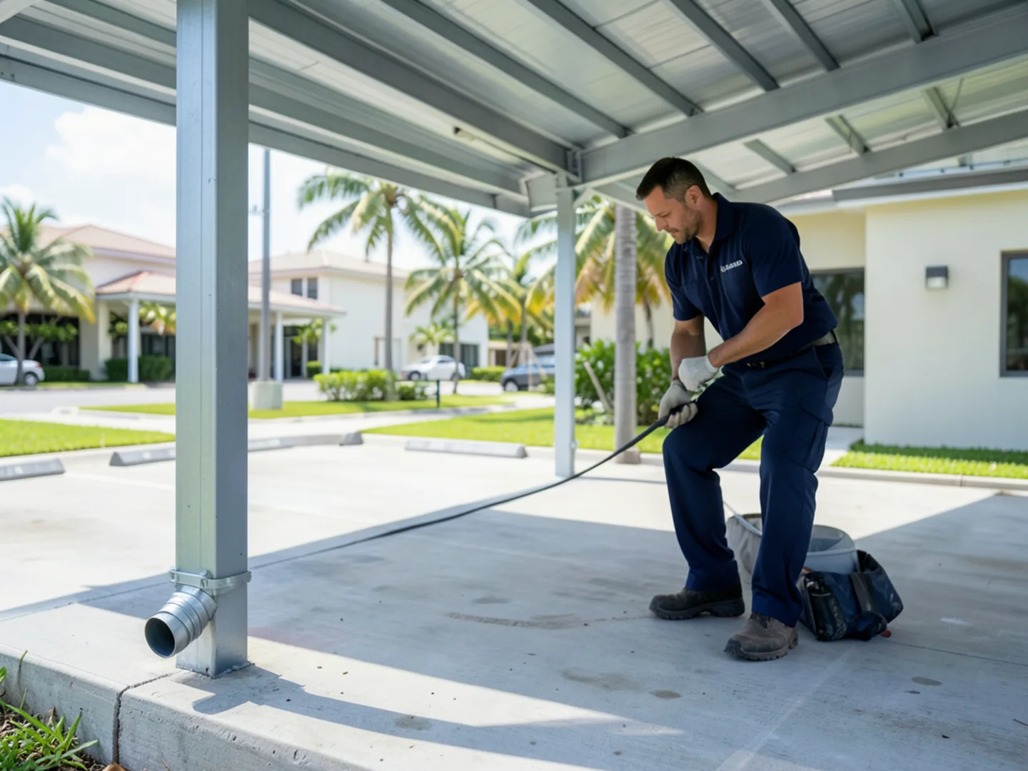 Seamless gutter run installed along an aluminum carport edge in Hialeah