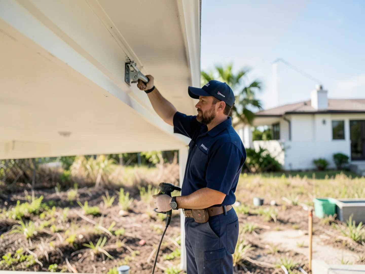 Tight hidden hanger screw spacing along eave facing open agricultural land