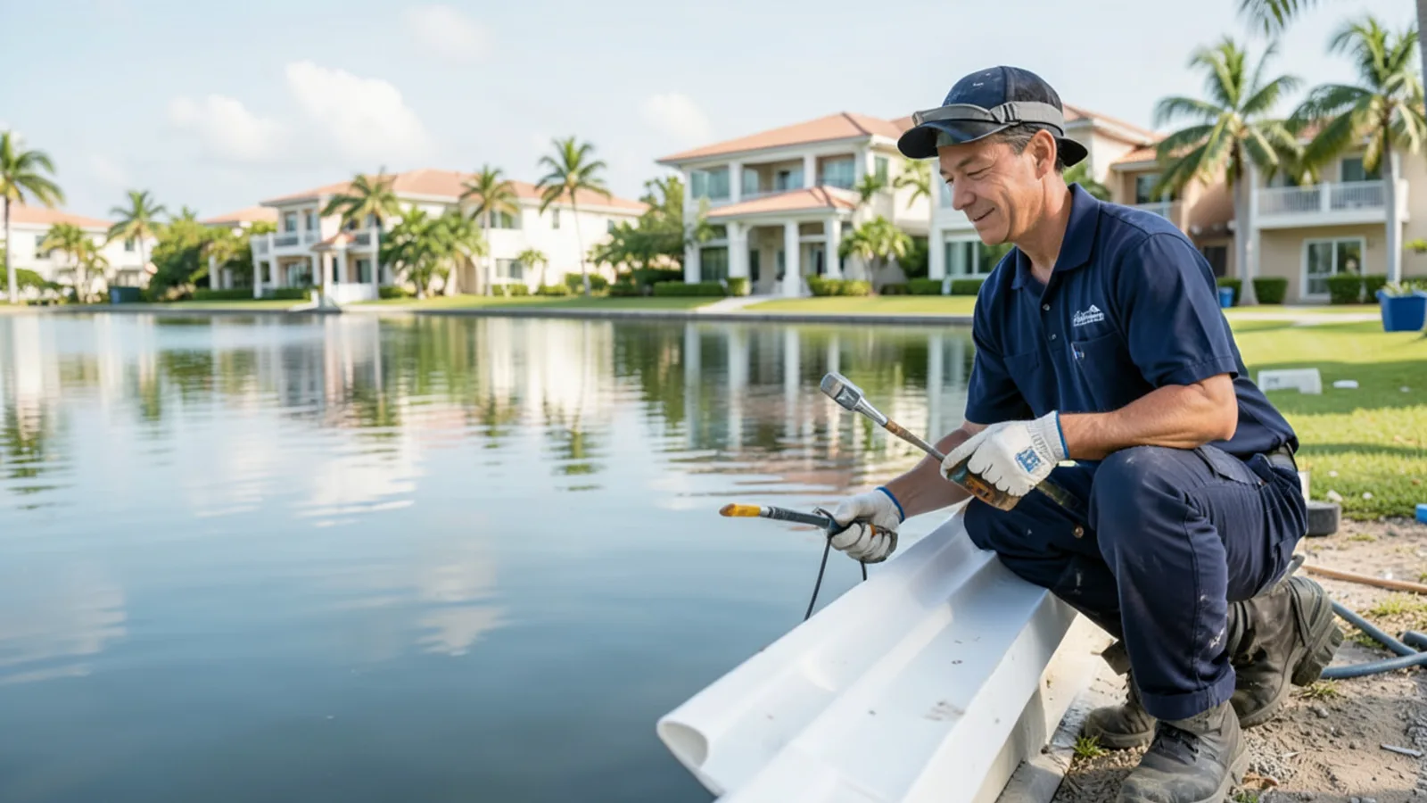 Second-generation seamless gutter replacement on a lakefront CBS home in Miami Lakes