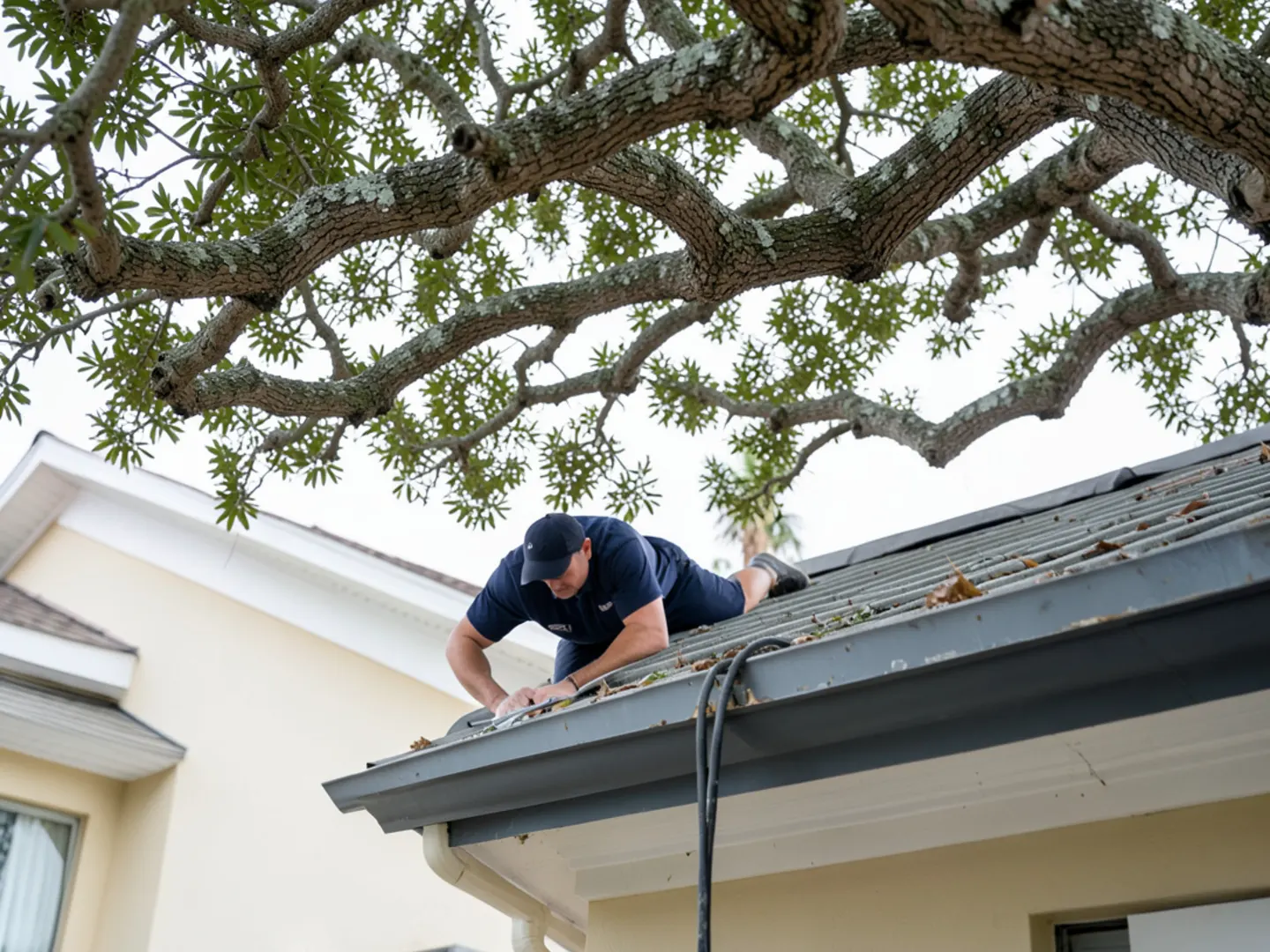 Mature live oak branches overhanging a residential roofline in Miami Springs