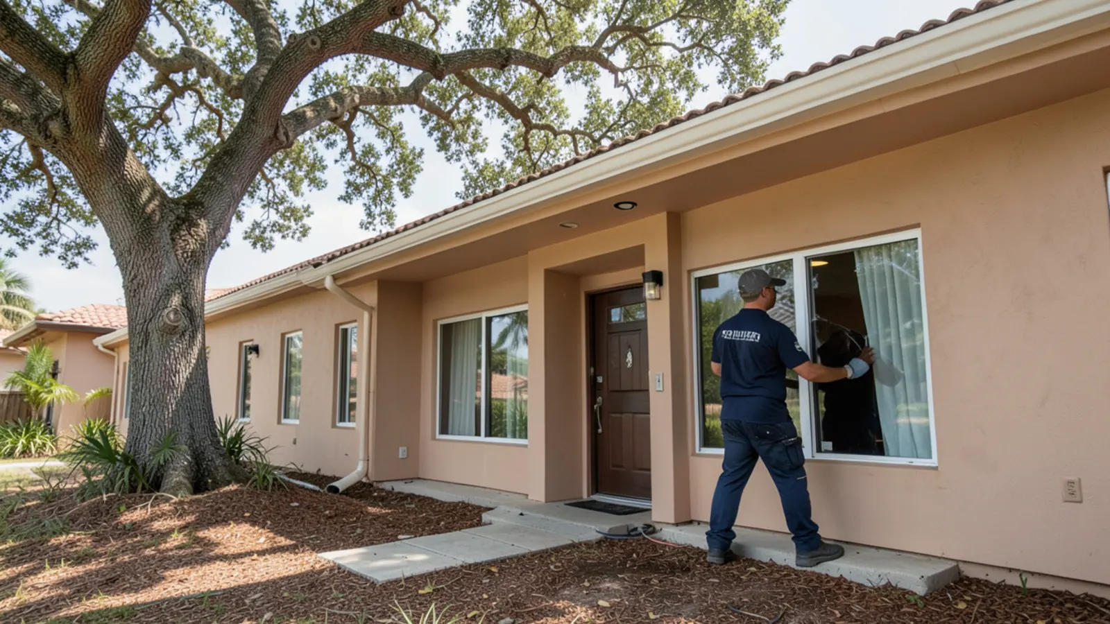 Pueblo Revival home in Miami Springs beneath old live oaks with new seamless gutters