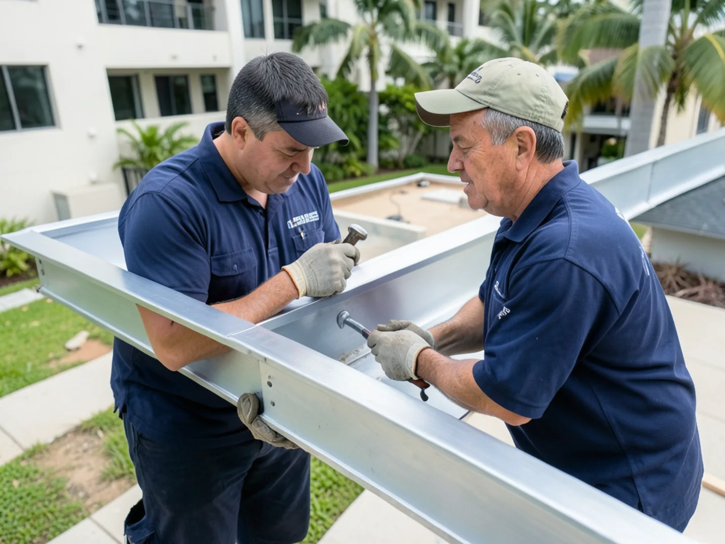 7-inch commercial-grade seamless aluminum gutter trough capturing steep valley runoff