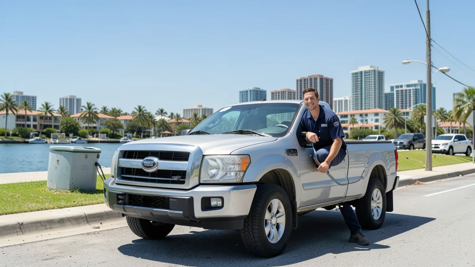 Service truck parked in Miami with aerial view of central and south Miami-Dade County