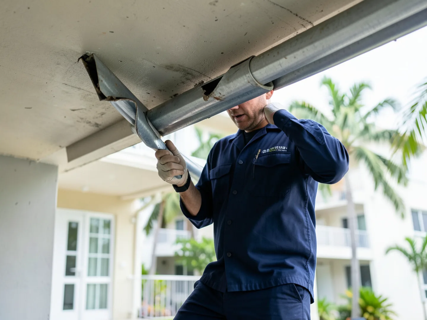 Carefully disassembling a loose gutter section hanging near an electrical service drop