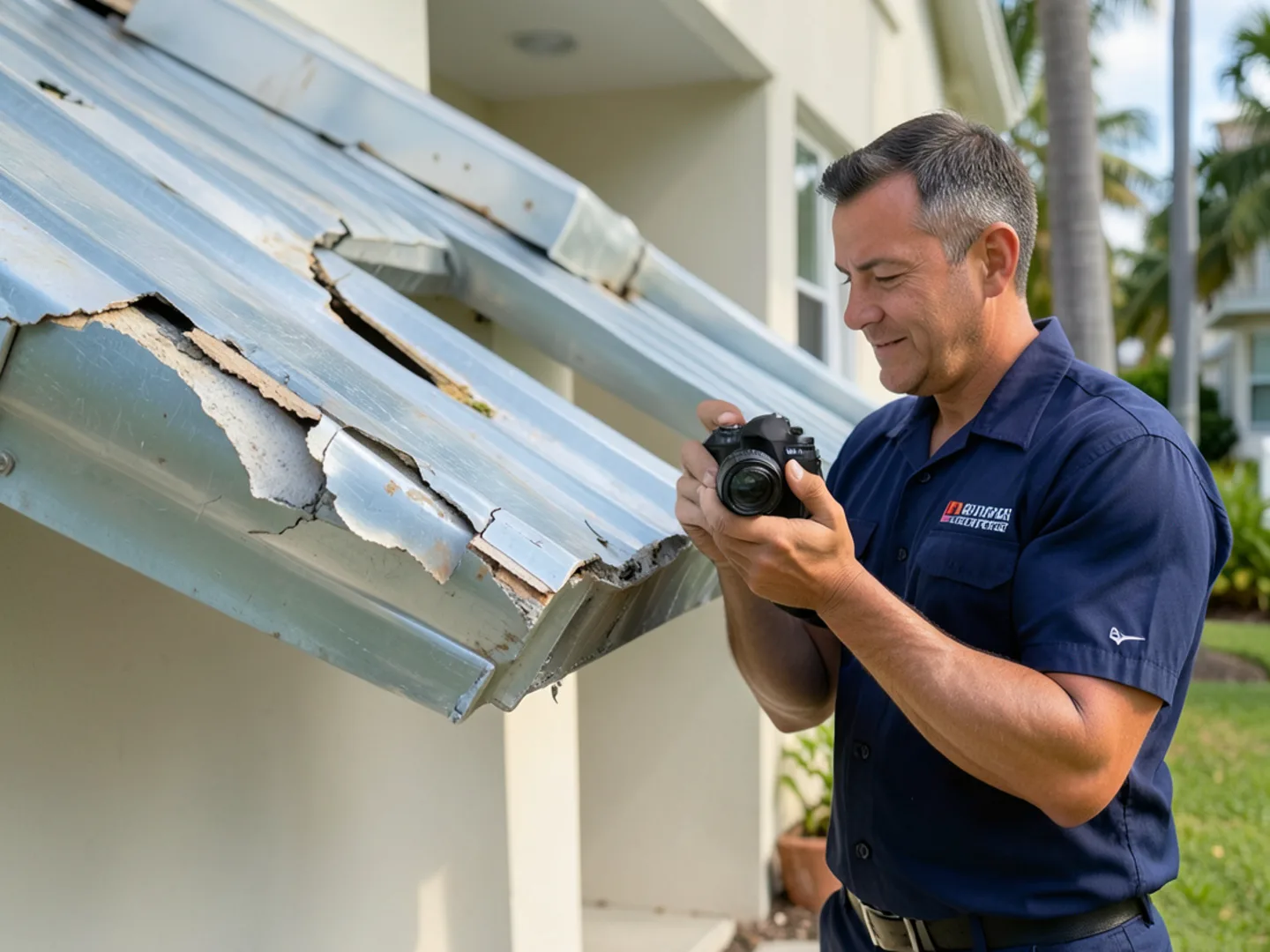 Technician photographing bent gutter and torn fascia board for homeowner insurance file