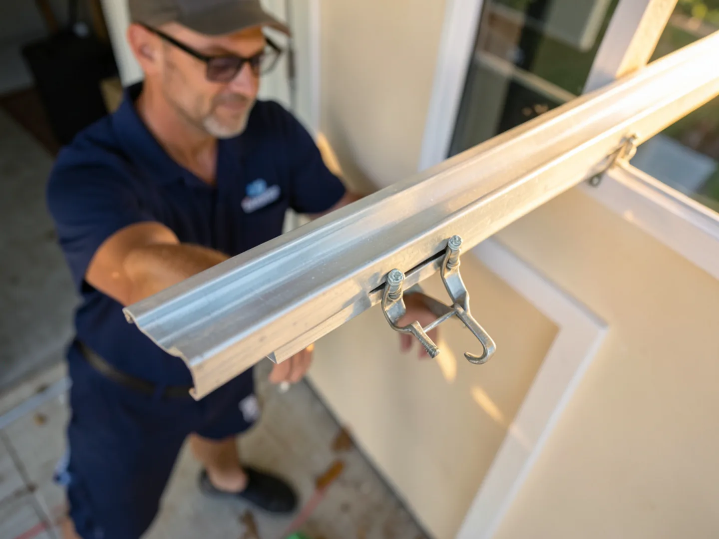 Heavy .032-gauge aluminum gutter run fastened with HVHZ-rated hidden screw hangers at 16-inch intervals