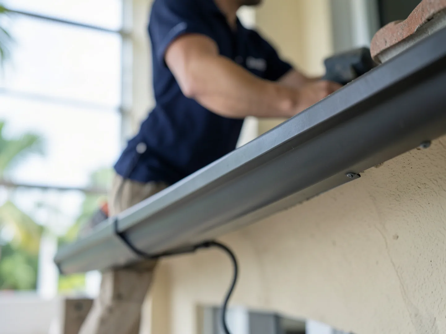 Fully restored storm-resilient seamless gutter run anchored firmly along tile roof